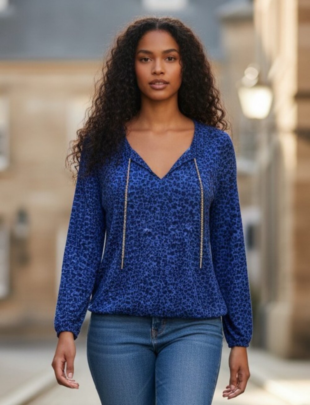 Dana Buchman Blue Leopard V-Neck Top with Gold Tie Detail